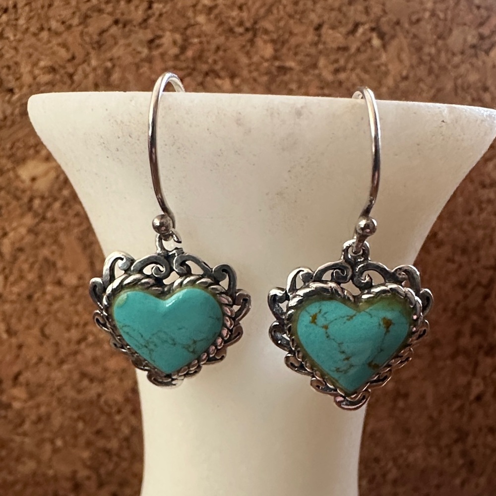 Silver 925 Delicate Heart Earrings with Turquoise Stone